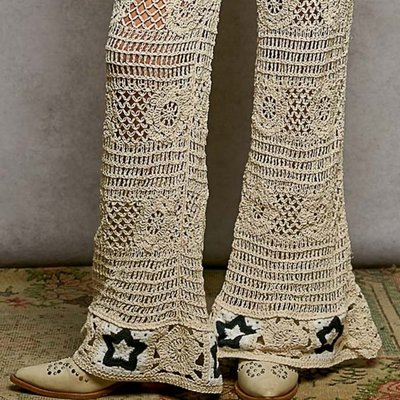 POL High-Rise Star Patchwork Openwork Granny Crochet Flare Leg Retro 70’s Pants - Picture 14 of 16